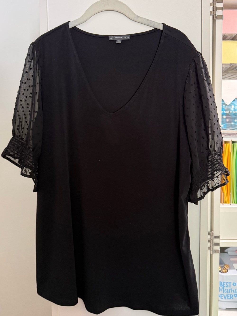 Black V-Neck Top with Sheer Dot Sleeve - Adrianna Papell